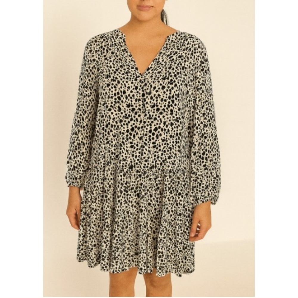 GAP Women's XXL Dress Animal Print Long Sleeve‎ Tiered V Neck Cream Black, NWT
